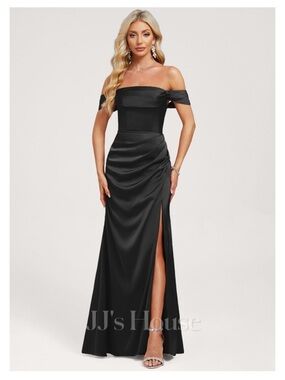 JJs House Black Off-Shoulder Matte Satin Maxi Gown with Side Slit